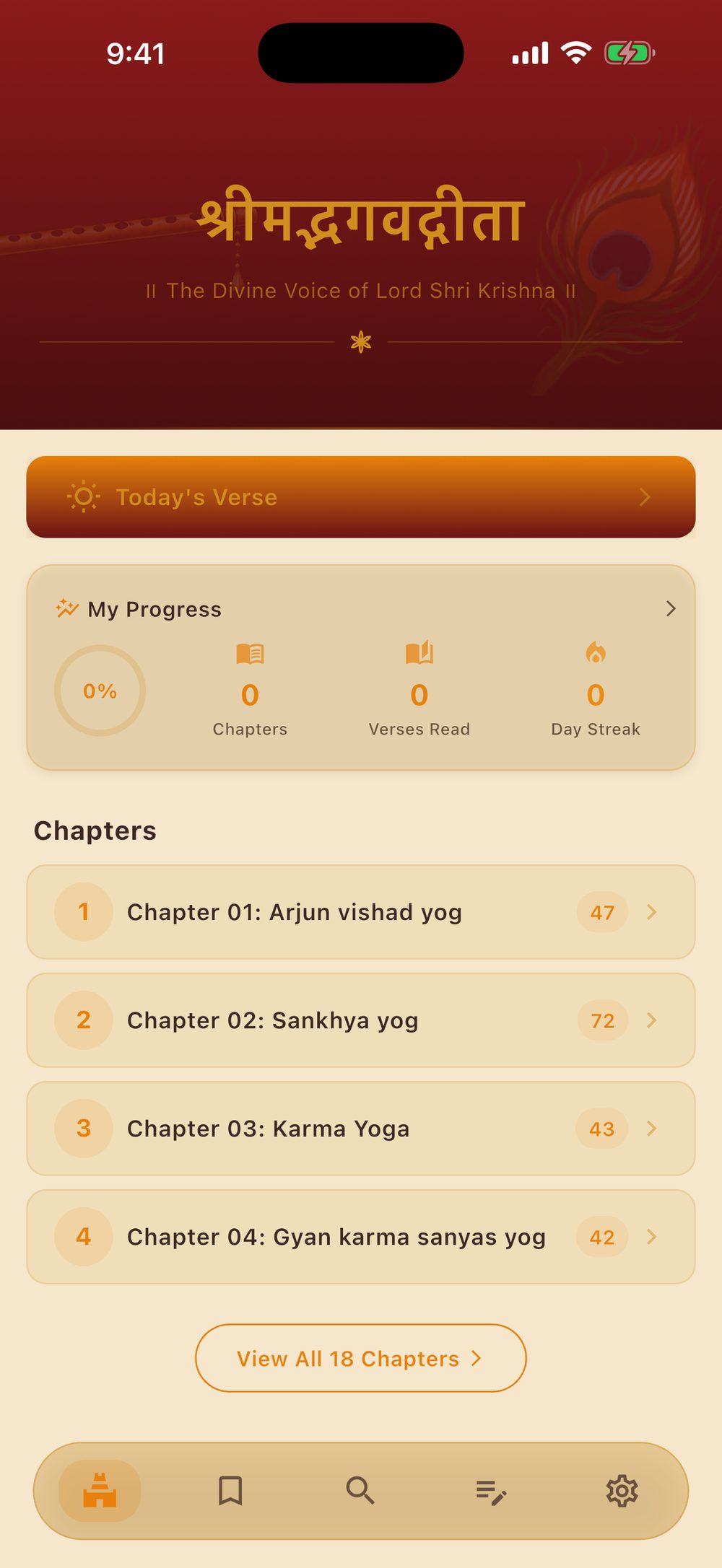 The app's home screen, showing today's verse, reading progress and the chapter list