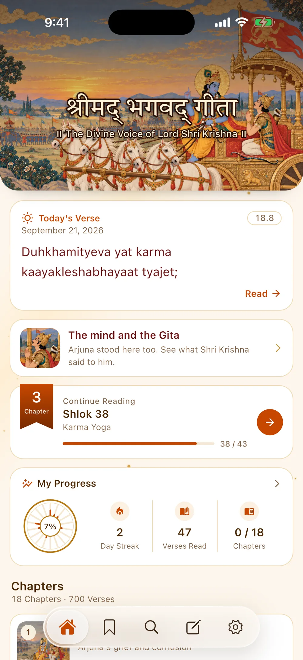 The app's home screen, showing today's verse, reading progress and the chapter list